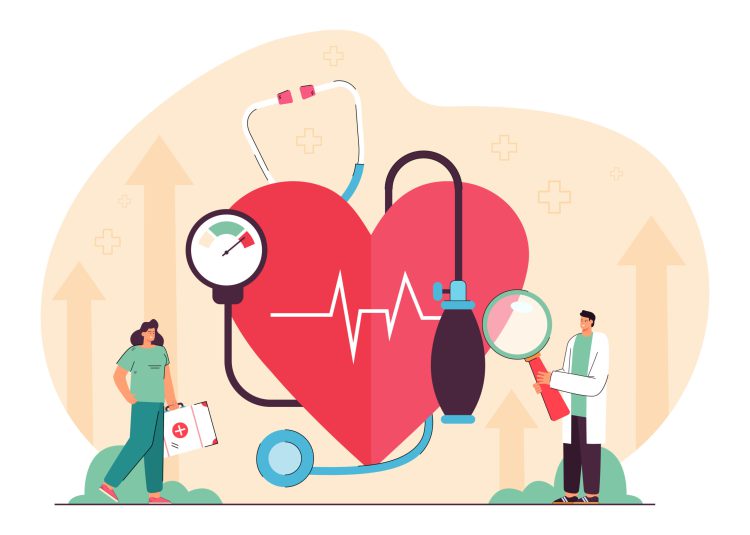 Tiny cardiology doctor and nurse examining heart blood pressure scaled 1