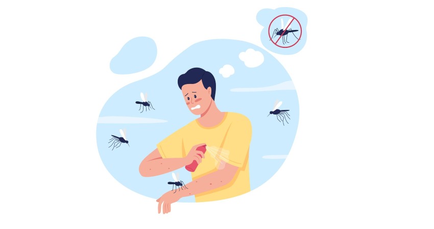 keeping mosquitoes away while summer camping 2d isolated insect repellent use stressed man flat character cartoon applying mosquito spray 151150 5375