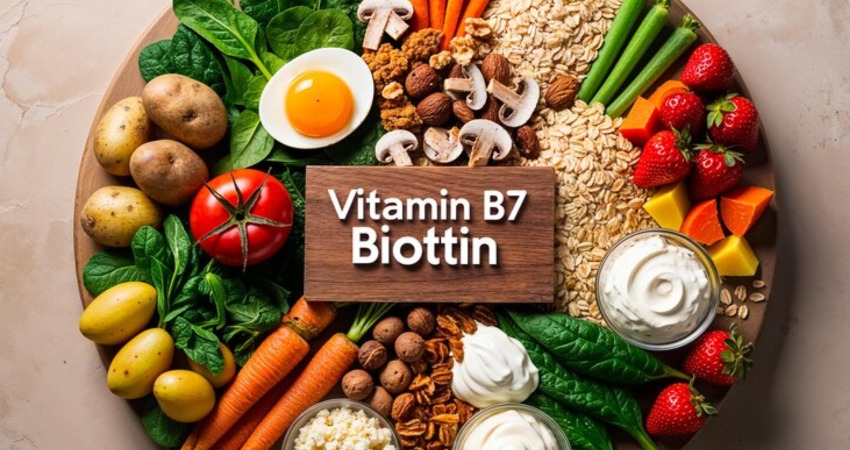 various fresh food vegetables fruits with inscription vitamin b7 biotin 1020514 45075